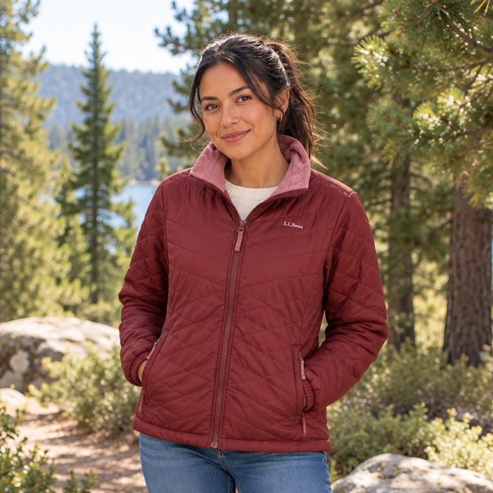 L.L.Bean Womens PrimaLoft Packaway Jacket XL Burgundy Quilted Fleece Lined